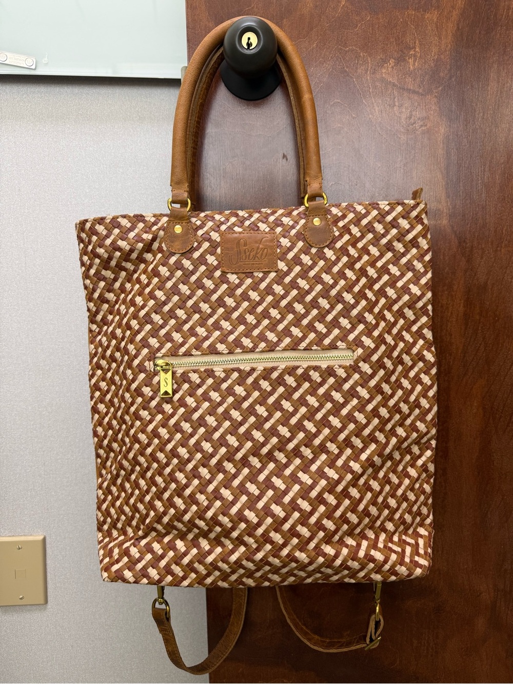 Sseko Convertible Basket Weave Leather Shopper Tote Backpack Bag - Tri Color
